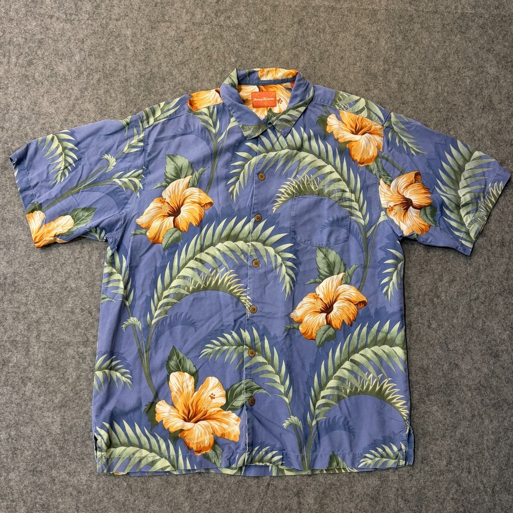 Tommy Bahama Blue Floral Silk Short Sleeve Button Down Shirt Men's Size Large